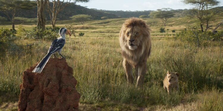 AME7768. LOS ÁNGELES (EEUU), 18/07/2019.- Fotograma cedido por Disney Enterprises donde aparecen el pájaro bucerótido Zazu (i), el león Mufasa y su hijo Simba, durante una escena de la película "El rey león" que llega a las salas de cine este fin de semana como uno de los estrenos cinematográficos más esperados de la temporada. Con un estreno mundial, la versión contemporánea de la aclamada película estrenada en 1994 promete eclipsar a gran parte de la oferta presente en las salas de proyección con su objetivo de recuperar, por un lado, la nostalgia de aquellos niños -ahora adultos- que devoraron una y otra vez la cinta original y de ganar, además, nuevos seguidores. EFE/ Disney Enterprises SOLO USO EDITORIAL NO VENTAS