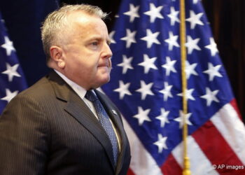 U.S. Acting Secretary of State John Sullivan arrives for a press conference in Lima, Peru, Friday, April 13, 2018. Lima is playing host to the Americas Summit which starts today. (AP Photo/Karel Navarro)