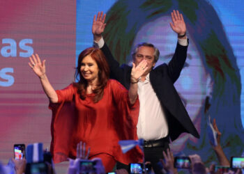 Alberto Fernandez and his running mate and former President Cristina Fernandez de Kirchner greet supporters in Buenos Aires, Argentina October 27, 2019. REUTERS/Agustin Marcarian