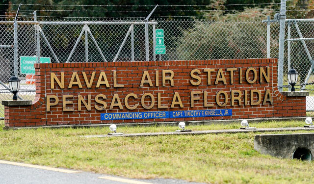 PENSACOLA, FLORIDA - DECEMBER 06: A general view of the atmosphere at the Pensacola Naval Air Station following a shooting on December 06, 2019 in Pensacola, Florida. The second shooting on a U.S. Naval Base in a week has left three dead plus the suspect and seven people wounded.   Josh Brasted/Getty Images/AFP