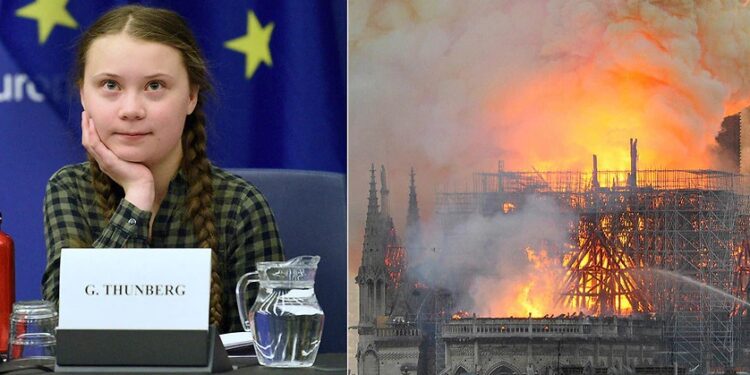 Greta Thunberg y la catedral de Notre Dame. Foto de archivo.