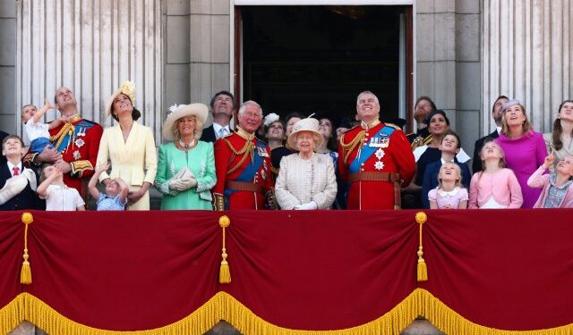 Britain's Queen Elizabeth, Prince Charles, Prince Harry, Prince William and Catherine, Duchess of Cambridge, along with other members of the British royal family, watch as the Royal Air Force Aerobatic Team Red Arrows performs a flypast during Trooping the Colour parade in London, Britain June 8, 2019. REUTERS/Hannah Mckay