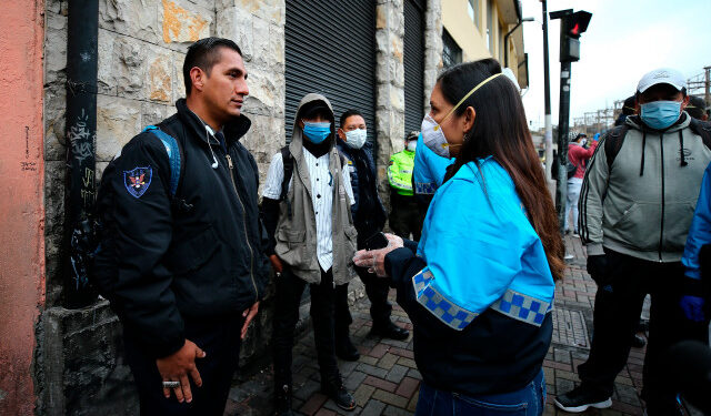 Municipal police carry out controls on the streets, in Quito, Ecuador, 17 March 2020. The Ecuadorian capital woke up under the suspension of the use of public space, which includes sidewalks, driveways and parks, among others, while the Executive has decreed a state of emergency in the country, in the context of the coronavirus health emergency. The confirmed cases in Ecuador almost doubled and from the 58 registered on Monday they went to 111 (two of them deceased), reported the head of the National Risk and Emergency Management Service (SNGRE), Alexandra Ocles. EFE/ Jose Jacome