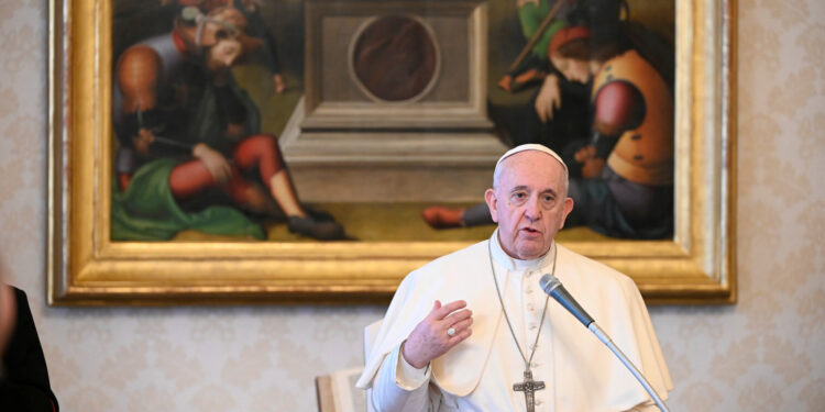 Pope Francis holds weekly general audience virtually from the Library of the Apostolic Palace due to the outbreak of the coronavirus disease (COVID-19), at the Vatican April 15, 2020. Vatican Media/­Handout via REUTERS    ATTENTION EDITORS - THIS IMAGE WAS PROVIDED BY A THIRD PARTY.