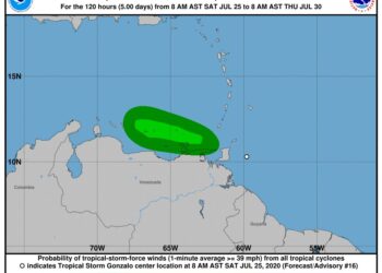 Tormenta Gonzalo, ahora como depresión tropical. Foto @NCH_Atlantic.