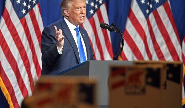 CHARLOTTE, NORTH CAROLINA - AUGUST 24: President Donald J. Trump addresses delegates on the first day of the Republican National Convention at the Charlotte Convention Center on August 24, 2020 in Charlotte, North Carolina. The four-day event is themed "Honoring the Great American Story."   David T. Foster III-Pool/Getty Images/AFP