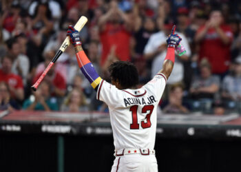 Jul 8, 2019; Cleveland, OH, USA; Atlanta Braves outfielder Ronald Acuna Jr. (13) during the first round in the 2019 MLB Home Run Derby at Progressive Field. Mandatory Credit: Ken Blaze-USA TODAY Sports