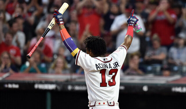 Jul 8, 2019; Cleveland, OH, USA; Atlanta Braves outfielder Ronald Acuna Jr. (13) during the first round in the 2019 MLB Home Run Derby at Progressive Field. Mandatory Credit: Ken Blaze-USA TODAY Sports