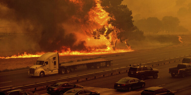 Flames from the LNU Lightning Complex fires jump Interstate 80 in Vacaville, Calif., Wednesday, Aug. 19, 2020. The highway was closed in both directions shortly afterward. Fire crews across the region scrambled to contain dozens of wildfires sparked by lightning strikes as a statewide heat wave continues. (AP Photo/Noah Berger)