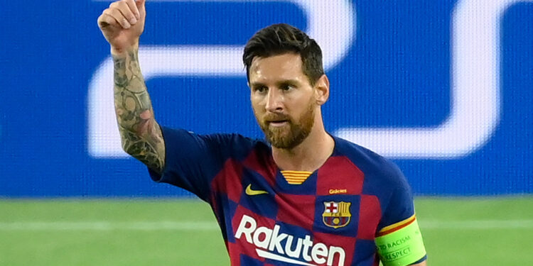 Barcelona's Argentine forward Lionel Messi celebrates after scoring a goal during the UEFA Champions League round of 16 second leg football match between FC Barcelona and Napoli at the Camp Nou stadium in Barcelona on August 8, 2020. (Photo by LLUIS GENE / AFP) (Photo by LLUIS GENE/AFP via Getty Images)