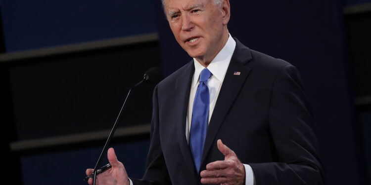 NASHVILLE, TENNESSEE - OCTOBER 22:  Democratic presidential nominee Joe Biden participates in the final presidential debate against U.S. President Donald Trump at Belmont University on October 22, 2020 in Nashville, Tennessee. This is the last debate between the two candidates before the election on November 3. (Photo by Chip Somodevilla/Getty Images)