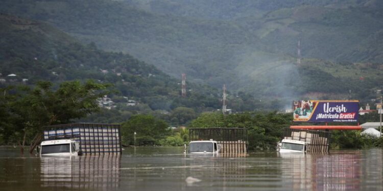 Foto de archivo. Camiones parcialmente sumergidos se ven a lo largo de una calle inundada durante el paso de la tormenta Eta, en Pimienta, Honduras. Noviembre 5, 2020. REUTERS/Jorge Cabrera