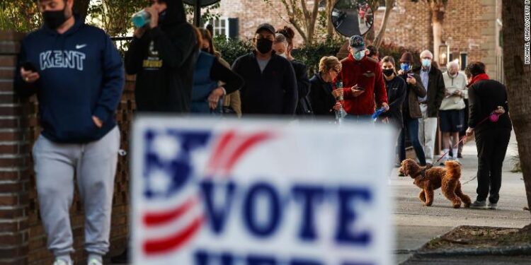 CHARLESTON, SC - NOVEMBER 03: People line up to vote at the Hazel Parker Playground on Election Day on November 3, 2020 in Charleston, United States.  After a record-breaking early voting turnout, Americans head to the polls on the last day to cast their vote for incumbent U.S. President Donald Trump or Democratic nominee Joe Biden in the 2020 presidential election.  (Photo by Michael Ciaglo/Getty Images)