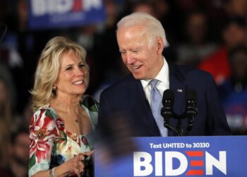 Democratic presidential candidate former Vice President Joe Biden, accompanied by his wife Jill Biden, speaks at a primary night election rally in Columbia, S.C., Saturday, Feb. 29, 2020.  (AP Photo/Gerald Herbert)