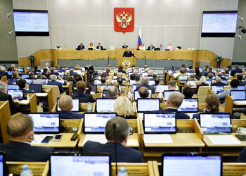 Russian Prime Minister Mikhail Mishustin reports lawmakers on the government work in 2019 at the State Duma, the lower chamber of Russia's parliament, in Moscow on July 22, 2020. (Photo by Dmitry ASTAKHOV / SPUTNIK / AFP) (Photo by DMITRY ASTAKHOV/SPUTNIK/AFP via Getty Images)