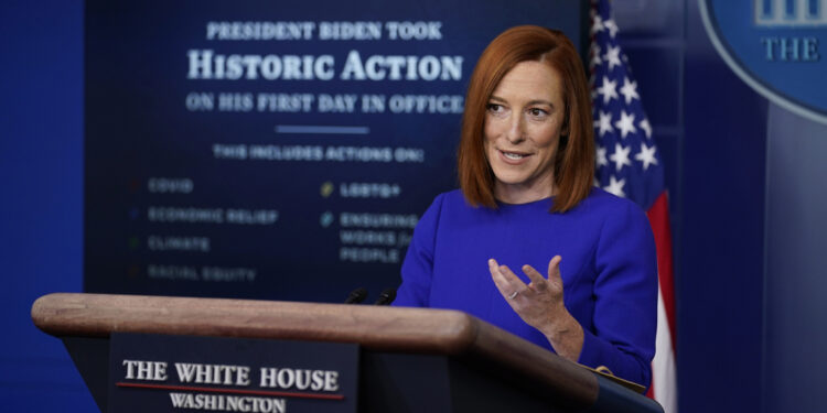 White House press secretary Jen Psaki speaks during her first press briefing at the White House, Wednesday, Jan. 20, 2021, in Washington. (AP Photo/Evan Vucci)
