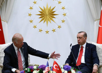 FILE - In this Aug. 24, 2016, file photo, U.S. Vice President Joe Biden, left, and Turkish President Recep Tayyip Erdogan speak to the media after a meeting in Ankara, Turkey. Biden and Turkish counterpart Erdogan have known each other for years, but their meeting Monday, June 14, 2021, will be their first as heads of state. And it comes at a particularly tense moment for relations between their two countries. (Kayhan Ozer/Presidential Press Service Pool via AP, File)