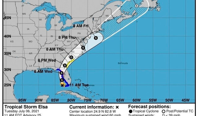 Gráfico en el que se muestra el pronóstico de la trayectoria de cinco días de Elsa por territorio estadounidense. EFE/ NOAA-NHC