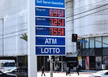 LOS ANGELES, CALIFORNIA - MARCH 07: High gas prices are displayed at a Mobil station across the street from the Beverly Center on March 7, 2022 in Los Angeles, California. The average price of one gallon of regular self-service gasoline rose to a record $5.429 yesterday in Los Angeles County amid the Russian invasion of Ukraine. (Photo by Mario Tama/Getty Images)