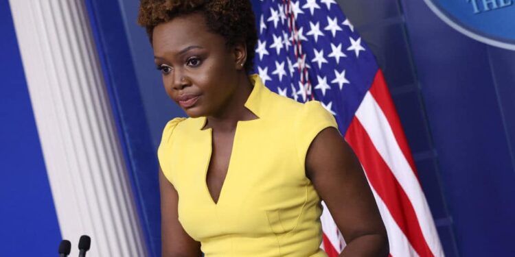 WASHINGTON, DC - MAY 26: White House Deputy Press Secretary Karine Jean-Pierre answers questions during her first daily White House press briefing May 26, 2021 in Washington, DC. Jean-Pierre answered a range of questions during the briefing including the status of infrastructure negotiations and a recent announced 90-day investigation by the U.S. intelligence communities into the origins of the coronavirus. Jean-Pierre is the first openly gay spokeswoman and second Black woman to give the briefing.  (Photo by Win McNamee/Getty Images)