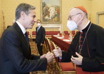 U.S. Secretary of State Antony Blinken greets Cardinal Pietro Parolin, Vatican secretary of state, before an audience with Pope Francis at the Vatican June 28, 2021. (CNS photo/Vatican Media)