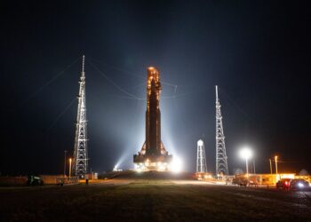 NASA’s Space Launch System (SLS) rocket with the Orion spacecraft aboard is seen atop the mobile launcher as it moves up the ramp at Launch Pad 39B, Wednesday, Aug. 17, 2022, at NASA’s Kennedy Space Center in Florida. NASA’s Artemis I mission is the first integrated test of the agency’s deep space exploration systems: the Orion spacecraft, SLS rocket, and supporting ground systems. Launch of the uncrewed flight test is targeted for no earlier than Aug. 29. Photo Credit: (NASA/Joel Kowsky)