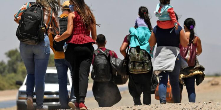 SAN LUIS, AZ - MAY 21: Migrants attempting to cross in to the U.S. from Mexico are detained by U.S. Customs and Border Protection at the border May 21, 2021 in San Luis, Arizona. (Photo by Nick Ut/Getty Images)