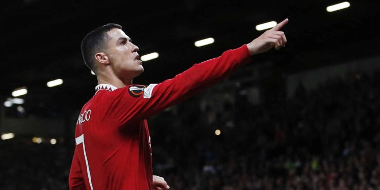 Soccer Football - Europa League - Group E - Manchester United v Sheriff Tiraspol - Old Trafford, Manchester, Britain - October 27, 2022 Manchester United's Cristiano Ronaldo celebrates scoring their third goal REUTERS/Craig Brough