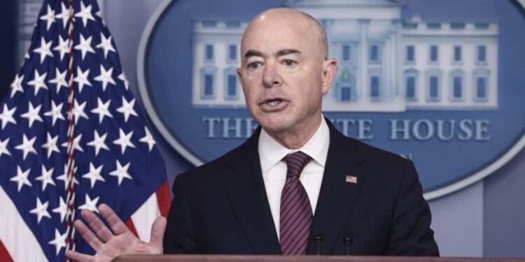 WASHINGTON, DC - SEPTEMBER 24: U.S. Homeland Security Secretary Alejandro Mayorkas gestures as he speaks at a press briefing at the White House on September 24, 2021 in Washington, DC. Mayorkas announced that the influx of Haitian immigrants camped under the bridge in Del Rio, Texas had been cleared. (Photo by Anna Moneymaker/Getty Images)