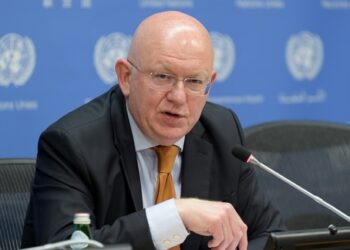 Vassily Nebenzia, Permanent Representative of the Russian Federation to the United Nations, briefs reporters.