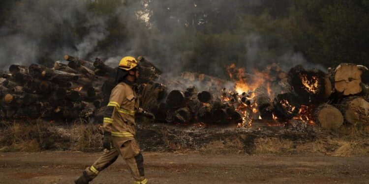 Bomberos trabajan para extinguir un incendio hoy, en Santa Juana, región de Biobío (Chile). Los fuegos afectan a cinco regiones del centro y sur, pero las más golpeadas son Biobío, con 18 víctimas mortales, La Araucanía (7) y Ñuble (1), zonas de intensa actividad agrícola y forestal ubicadas 500, 700 y 400 kilómetros al sur de la capital, respectivamente. EFE/ Adriana Thomasa