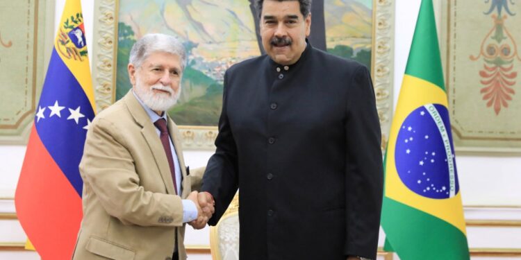 Venezuela's President Nicolas Maduro and Brazil's envoy Celso Amorim meet, in Caracas, Venezuela March 8, 2023. Marcelo Garcia/Miraflores Palace/Handout via REUTERS