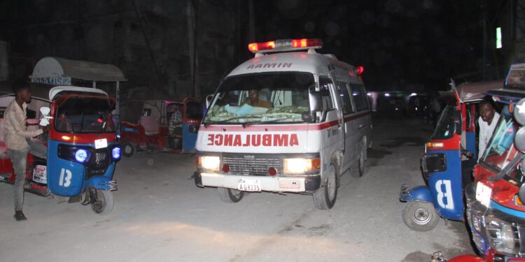 Mogadishu (Somalia), 09/06/2023.- Emergency services on the scene as
Somalia's security forces conduct an operation to neutralise fighters belonging to al Shabaab who attacked a hotel in the capital Mogadishu, Somalia, 09 June 2023, the state news agency said, while the group claimed responsibility for the attack. Attackers stormed a restaurant in the Somali capital Mogadishu using explosives and guns, wounding at least seven people, a witness and the capital's ambulance services said. (Atentado, Mogadiscio) EFE/EPA/Said Yusuf Wasame