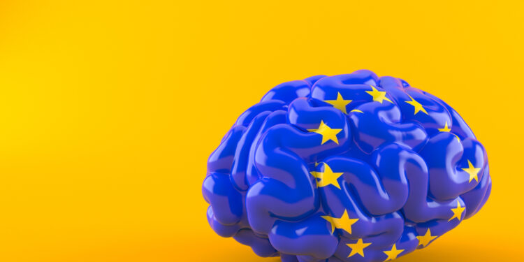 Brain with european union flag isolated on orange background. 3d illustration