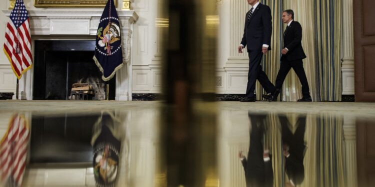 WASHINGTON, DC - OCTOBER 7: President Joe Biden and Secretary of State Antony Blinken walk into the State Dining Room to deliver remarks on the terrorist attacks in Israel at the White House on October 7, 2023 in Washington, DC. The White House has said that senior national security officials have briefed the President on the attacks on Israel that were carried out by Hamas overnight and White House officials remain in close contact with their counterparts in Israel.   Samuel Corum/Getty Images/AFP (Photo by Samuel Corum / GETTY IMAGES NORTH AMERICA / Getty Images via AFP)