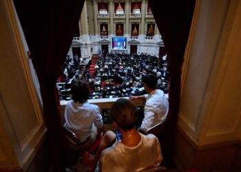 Lawmakers attend the debate of the government's 'omnibus bill' of economic reforms at the Congress in Buenos Aires on January 31, 2024. The bill intends to introduce sweeping changes and deregulation to Argentina's economy. (Photo by Luis ROBAYO / AFP)