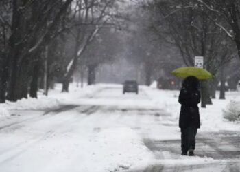 Una mujer camina con un paraguas durante un día de nieve en Wheeling, Illinois, el viernes 12 de enero de 2024