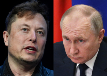 Elon Musk, Vladimir Putin. Foto collage.