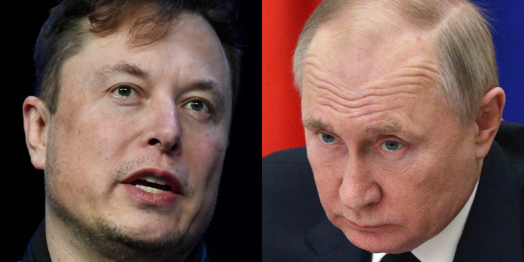 Elon Musk, Vladimir Putin. Foto collage.