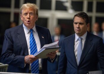 NEW YORK, NEW YORK - MAY 13: Former U.S. President Donald Trump with attorney Todd Blanche speaks to the media at the end of the day during his trial for allegedly covering up hush money payments at Manhattan Criminal Court on May 13, 2024 in New York City. Trump was charged with 34 counts of falsifying business records last year, which prosecutors say was an effort to hide a potential sex scandal, both before and after the 2016 presidential election. Trump is the first former U.S. president to face trial on criminal charges.   Steven Hirsch-Pool/Getty Images/AFP (Photo by POOL / GETTY IMAGES NORTH AMERICA / Getty Images via AFP)