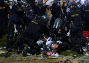 Varios policías detienen a un manifestante propalestino en la Universidad de California Los Ángeles (UCLA) (REUTERS/Mike Blake)