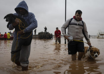 AME3035. PORTO ALEGRE (BRASIL), 03/05/2024.- Dos hombres junto a sus mascotas caminan entre el agua tras ser rescatados por el ejército brasileño en el lago Guaíba, luego de una crecida del río debido a las fuertes lluvias, este viernes en Porto Alegre (Brasil). Las inundaciones han afectado principalmente al estado de Rio Grande do Sul, incluida Porto Alegre, la capital regional, ha obligado a más de 30.000 personas a abandonar sus casas y ha causado al menos 150 cortes de carreteras. EFE/ Isaac Fontana