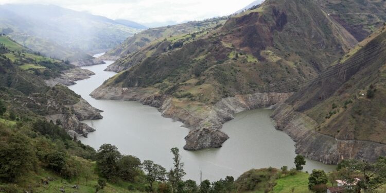 (FILES) View of the drought at the Mazar hydroelectric plant in Las Palmas, Ecuador on April 18, 2024. Colombia and Ecuador are two water powers with mutual energy dependence, but a prolonged drought has drained their water reserves and left them exposed to unprecedented shortages and rationing. (Photo by Edwin Tapia / AFP)