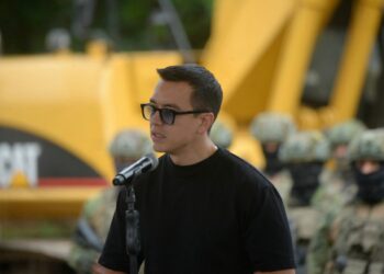 Ecuador's President Daniel Noboa speaks during the groundbreaking for the construction of a maximum security prison for 800 prisoners in the coastal town of Santa Elena, Ecuador, on June 21, 2024. (Photo by Gerardo MENOSCAL / AFP)