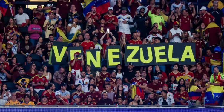 Arlington (United States), 06/07/2024.- Venezuela fans react during the first half of the CONMEBOL Copa America 2024 Quarter-finals match between Venezuela and Canada, in Arlington, Texas, USA, 05 July 2024. EFE/EPA/KEVIN JAIRAJ