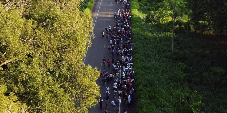 MEX4059. CIUDAD HIDALGO (MÉXICO), 21/07/2024.- Migrantes caminan en caravana por una carretera este domingo en el municipio de Ciudad Hidalgo en Chiapas (México). Una nueva caravana integrada por unos 3.000 migrantes provenientes de países de Centroamérica, Suramérica y África partió este domingo de la localidad mexicana de Ciudad Hidalgo, estado Chiapas, prácticamente en la frontera entre México y Guatemala, para intentar cruzar todo el país y avanzar a Estados Unidos. EFE/ Juan Manuel Blanco