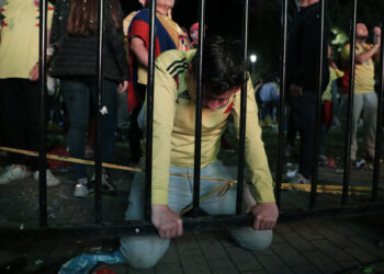 AME1931. BOGOTÁ (COLOMBIA), 14/07/2024.- Un hincha se lamenta tras la derrota de la selección Colombia durante la final de la Copa América entre Colombia y Argentina este domingo, en el parque de la 93, en Bogotá (Colombia). Este es el 1x1 de los jugadores de Argentina en la final de la Copa América en la que la Albiceleste se impuso por 1-0 a Colombia. EFE/Carlos Ortega