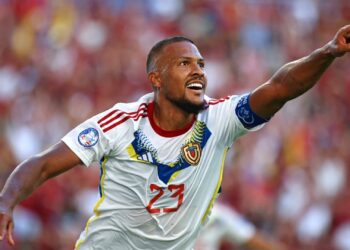 Venezuela's forward #23 Salomon Rondon celebrates scoring his team's second goal during the Conmebol 2024 Copa America tournament group B football match between Jamaica and Venezuela at Q2 Stadium in Austin, Texas on June 30, 2024. (Photo by Aric Becker / AFP)