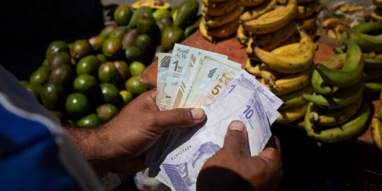 Un vendedor cuenta billetes de bolívar en el mercado de Quinta Crespo en Caracas, en una fotografía de archivo. EFE/Rayner Peña R.