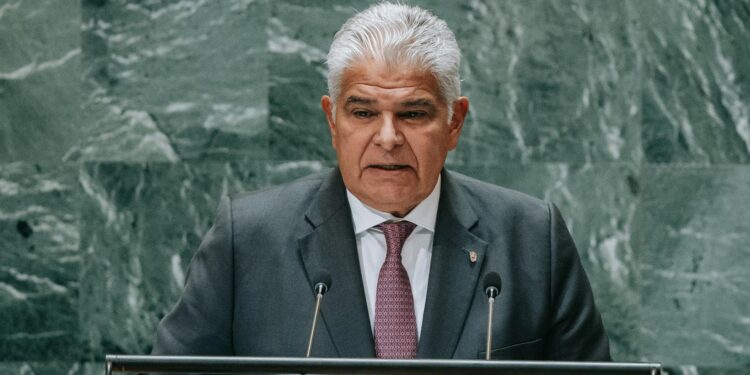 New York (United States), 25/09/2024.- Panamanian President Jose Raul Mulino Quintero speaks during the General Debate of the 79th session of the United Nations General Assembly at United Nations Headquarters in New York, New York, USA, 25 September 2024. The annual high-level General Debate gathers world leaders from 24 to 28 September, and 30 September under the theme, 'Leaving no one behind: acting together for the advancement of peace, sustainable development and human dignity for present and future generations'. (Nueva York) EFE/EPA/OLGA FEDOROVA